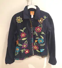 Hearts of Palm Embroidered Floral Denim Jacket Women's Size S Dark Blue Cotton