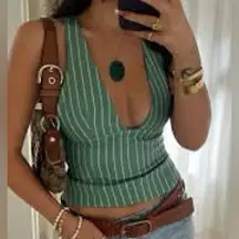 SOLD
green and white pin stripe plunge tank vest top small NWT NEW