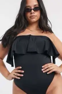 ASOS DESIGN Recycled Curve Black Bandeau Ruffle One Piece Swimsuit Size: 24