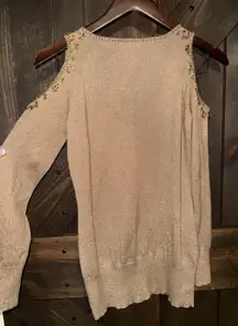 Y2K Cache Women's Sz S Sweater Gold Metallic Glitter Beaded Brown Cold Shoulder