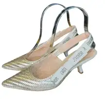 Christian Dior Nude Chrome Shoes With Crystal On The Side Ribbon Band.