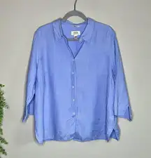 Talbots Shirt Women Plus Size 16W Petite Blue Irish Linen Button Down 3/4 Sleeve