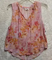 Bella Dahl Floral Print Pink Orange Sleeveless V Neck Tie Blouse Top Size S