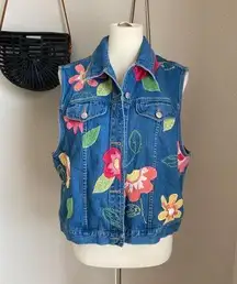 Susan Bristol Denim Floral Embroidered Vest, Size XL