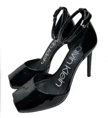 Calvin Klein Sandals Womens Size 5.5 Black Patent Leather Ankle Strap Heels