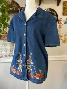 Vtg 90s Scarlet Denim Button Up Floral Embroidered Size 16 Cottage Prairie Retro