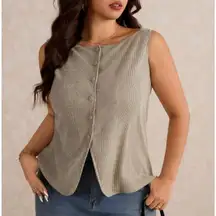 NEW Womens Plus 1X 14 16 Gray Ribbed Button Front Sleeveless Tank Top Shirt Vest
