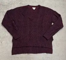 Sundance V Neck Cable Knit Sweater Dark Plum Purple