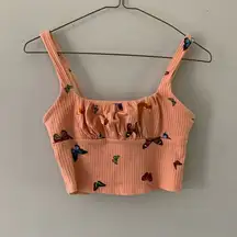 Butterfly Ribbed Cropped Festival Tank Top Peach Multi Color Size S