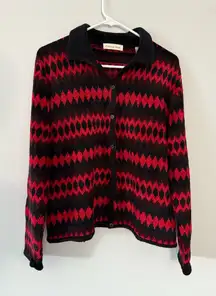 VTG AMANDA SMITH Christmas Patterned Cardigan Sweater Funky Retro Red Black M L