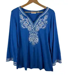 Belle Kim Gravel Blue Embroidered Tunic Top Medium Coastal Boho Soft Stretch