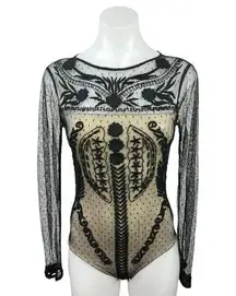 Willow & Clay Black Cream Mesh Lined Embroidery Lace Long Sleeve Bodysuit Top XS