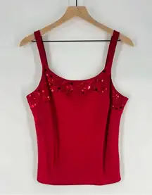 Kate Hill 100% Silk Red Satin Beaded Sequin Embellished Womens Tank Top Sexy Y2K