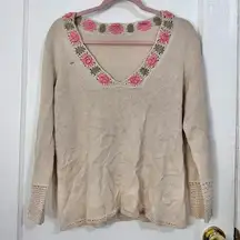 Vintage Women’s Knit‎ V-Neck Sweater Roses Size Medium Linen Cotton