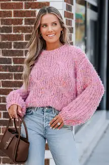 Cupshe Pink Round Neck Cable Knit Puff Sleeve Sweater