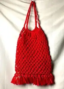 UNBRANDED MACRAME WITH FRINGE SHOULDER PIRSE SHOPPING BAG BOHO LOOK CORAL RED