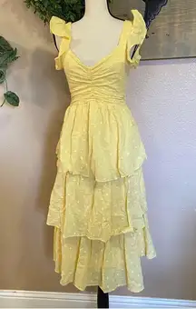 Lulus NWOT  Charming Decision Yellow Swiss Dot Ruched Tiered Midi Dress