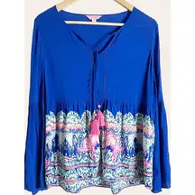 Lilly Pulitzer Kahli Blue Babydoll Tassel Long Sleeve Blouse Top Size XS