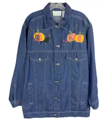 Quacker Factory Medium Denim Jacket‎ Jean Fall Autumn Scarecrow Pumpkin 1582