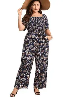 NEW Blue Tie Bell Sleeve Smocked Wide Leg Floral Jumpsuits XL