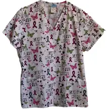 Care Heal Love cancer hope awareness butterflies hearts scrub top size M