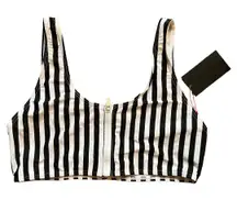 South Beach Black White Stripes Print Swim Top, US14/L