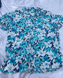 American eagle tropical light blue and pink tropical button up 