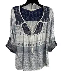 Roxy Peasant Blouse White Blue Lightweight Cotton Roll Tab Sleeves‎ Womens Small