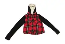 Plaid Flannel Shirt Jacket XS Sherpa Hood Red Cabin‎ Core Cozy Grunge Y2K Skater