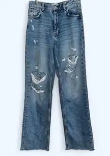 Zara Jeans "The 90s Full Length" Size 6 Wide Leg Baggy Distressed Frayed RIpped