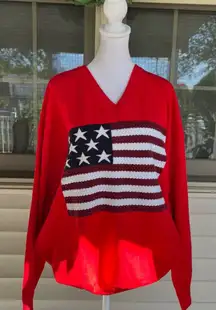 BONITEE Red American Flag Sweater V-Neck Long Sleeve Knit Pullover – Size XL