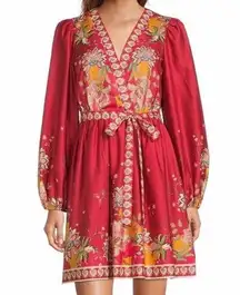 New  Emma Boho Paisley Mini Dress Long Sleeves Cotton Red Size 0