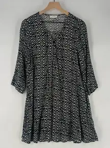 SAGE‎ The Label Black White Abstract Tribal Print Lace-Up V-Neck Tunic Top