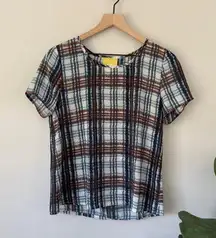 Maeve Anthropologie  Plaid Crossover Wrap Back Short Sleeve Top School Preppy EUC