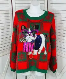 Holiday Time Fancy Dog Checkerboard Fuzzy Ugly Christmas Sweater Red 3X Oversize