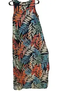 Vibrant Cocomo  Tropical Leaf Beach Vacation Coastal Cruise Sheer Mesh Maxi Dress