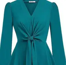 Blue Green Peplum Top for Women Size S V Neck Tie Front