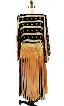 1980s VTG Raul Blanco Metallic Gold/Black  Stunning Polyester Evening Dress Sz S