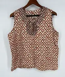 Lands' End Sleeveless Tunic Top Sz 16P White Rust Orange Geometric Linen Shirt