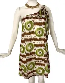 brown & green ikat one shoulder shift dress -0 