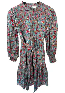 Olivia James The Label Floral Mini Dress ls smocked XS Boho Belted gardencore