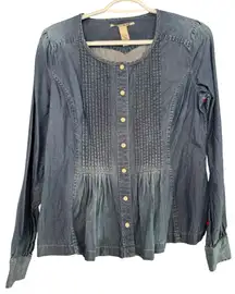 Lucky Brand Denim Longsleeve Ruffled Cotton Western‎ Style Top Pearl Buttons S