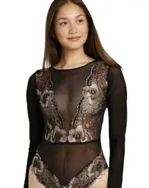 Black Lace Rose Gold Long Sleeve Teddy Bodysuit Size XS