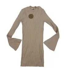 Honey Punch  - Moch Neck Flare Sleeve Ribbed Mini Dress in Beige