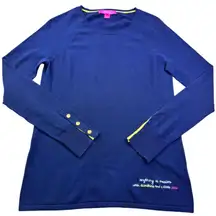 Lilly Pulitzer Dinah Crewneck Sweater True Navy Gold Button Cuff Womens Small