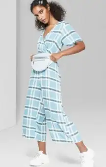 Wild Fable Blue Stencil Plaid Cross Front Crop Wide leg Jumpsuit Romper Size L