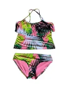 City Streets Plus 2 Piece Palm Coral Ruffled Top Bikini swimwear X-Large 16