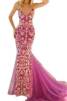 Clarisse Iridescent Sequin V-Neck Fluted Gown Magenta Size 4 NWT