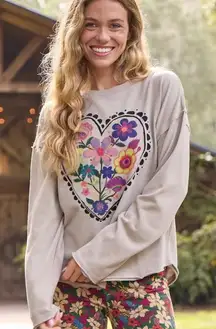 Natural Life NEW Heart Floral Crewneck Sweatshirt Beige Tan Oversized Size XL