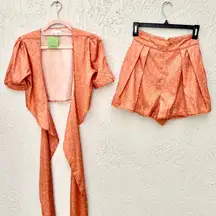 Krewe Du Q Wrap Tie Top & Pleated High Rise Shorts Floral Set Orange Women's XS